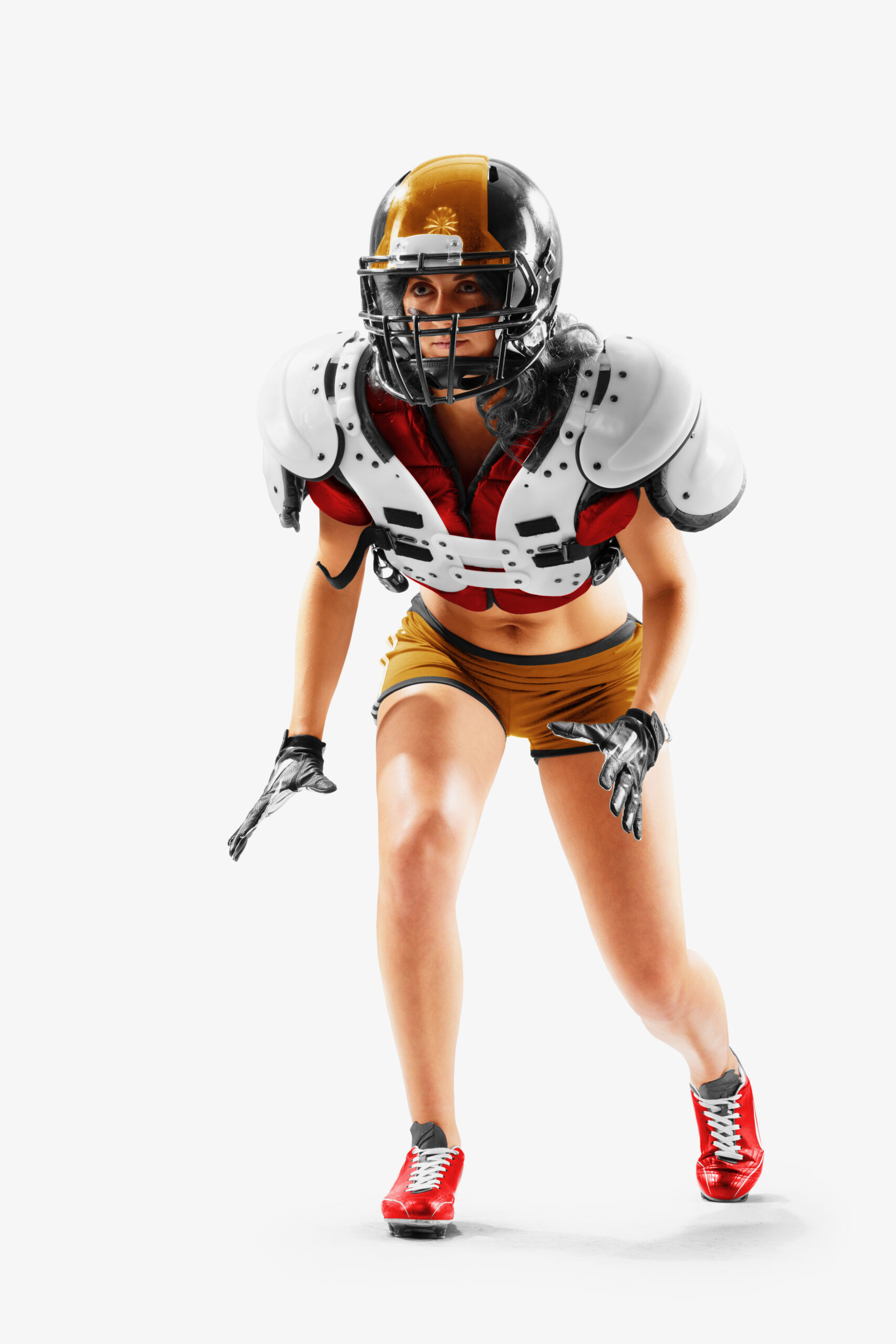 Portrait of attractive brunette female american football player in uniform and jersey T-shirt posing with helmet isolated on the white background